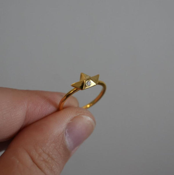 Gold Origami Paper Boat Ring with Diamond ~ Custom made for Pjotr